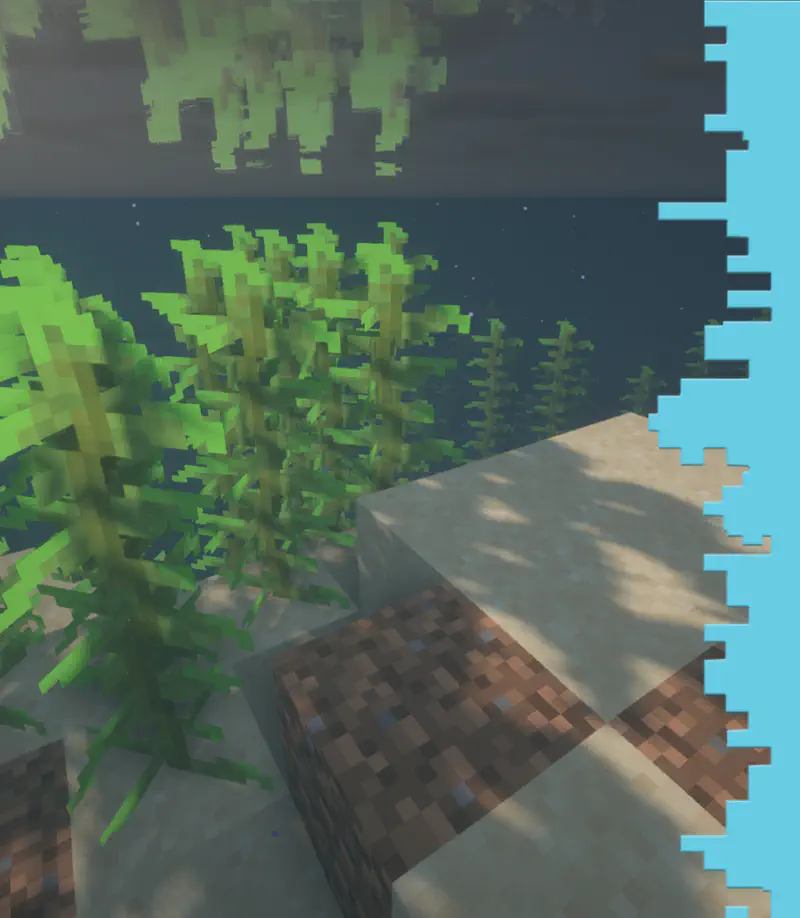 Underwater Minecraft scene with green seaweed kelp growing from sandy ocean floor in dark water.