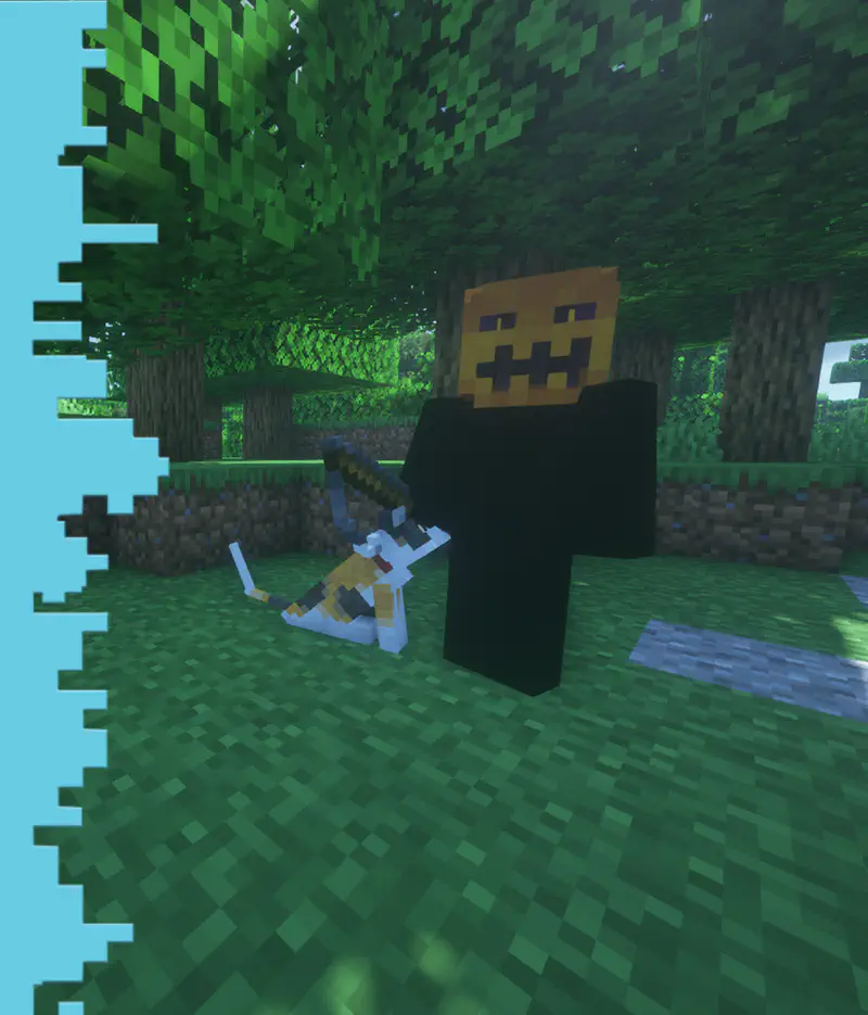 Minecraft player with pumpkin head holding sword standing in forest with cat sitting nearby.