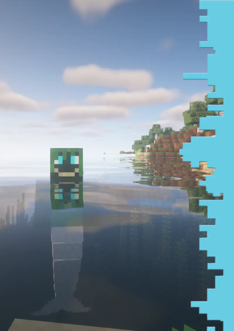 Minecraft frog character swimming in calm water near forested island with reflection visible.