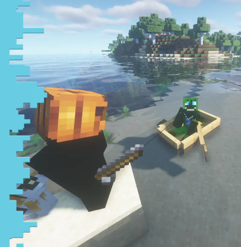 Minecraft pumpkin-headed player waving goodbye to frog in boat near island at daytime.