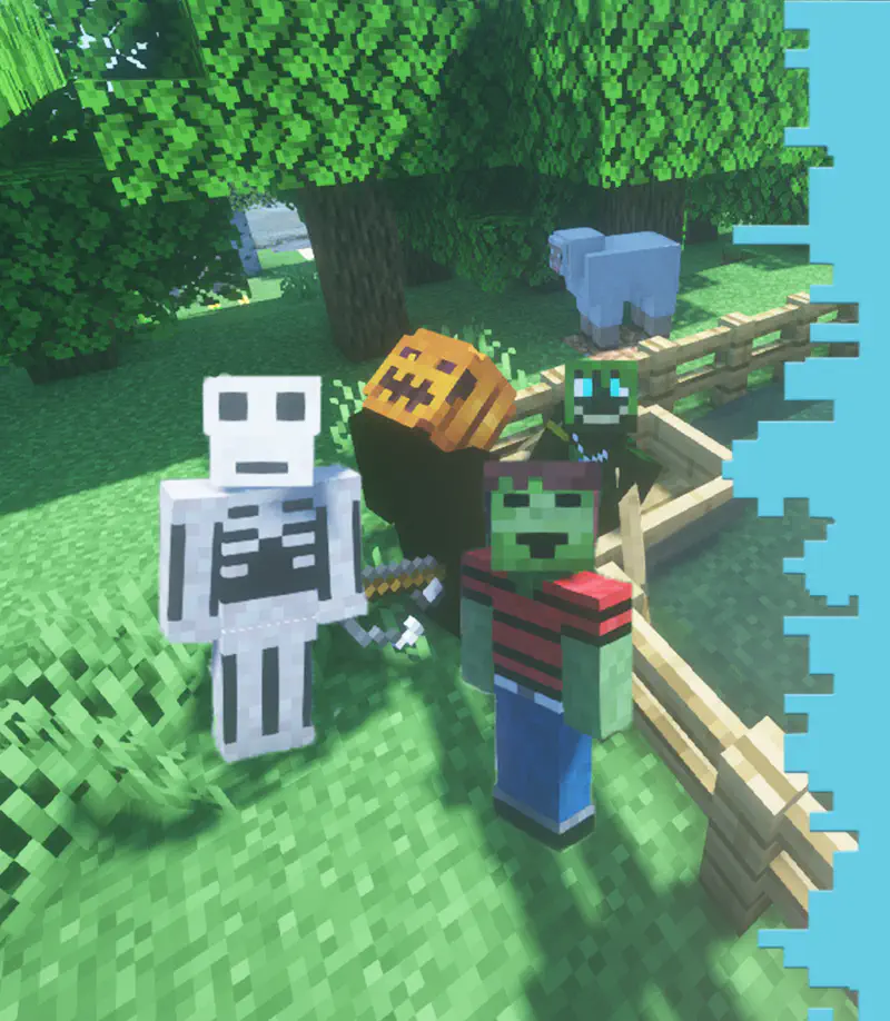 Minecraft skeleton, pumpkin-head player, and zombie standing by fence with sheep in forest.