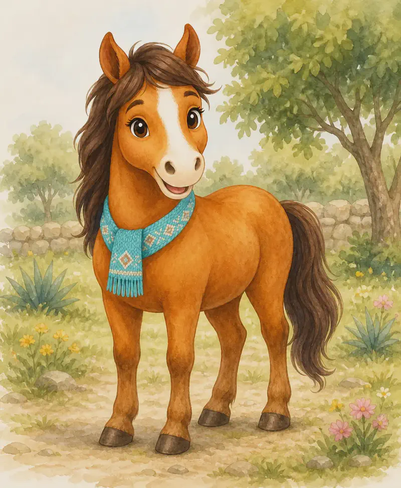 Introduce Yayis. Show her full body in a clear, friendly standing pose that demonstrates the page text — all four legs visible on the ground, head up, calm and welcoming expression. Setting: a soft, open countryside background suggesting a nature park. This is the reader's first look at the main character.