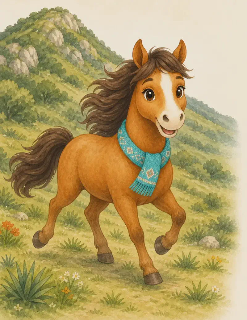 Yayis trots happily through an open field on the side of a gentle mountain in the nature park. Show her in mid-trot, head up, ears alert, clearly heading off to meet her friend. A few tufts of grass nearby suggest the herbivore diet (no other animals on this page).