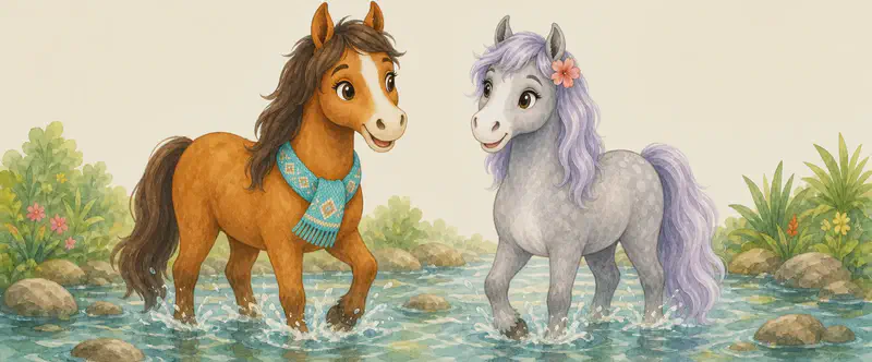 Yayis and Yolanda stand together in a shallow, refreshing stream, the water splashing gently around their lower legs. Yayis turns her head to speak to Yolanda. Both look happy and refreshed. Setting: a small stream running through the park.