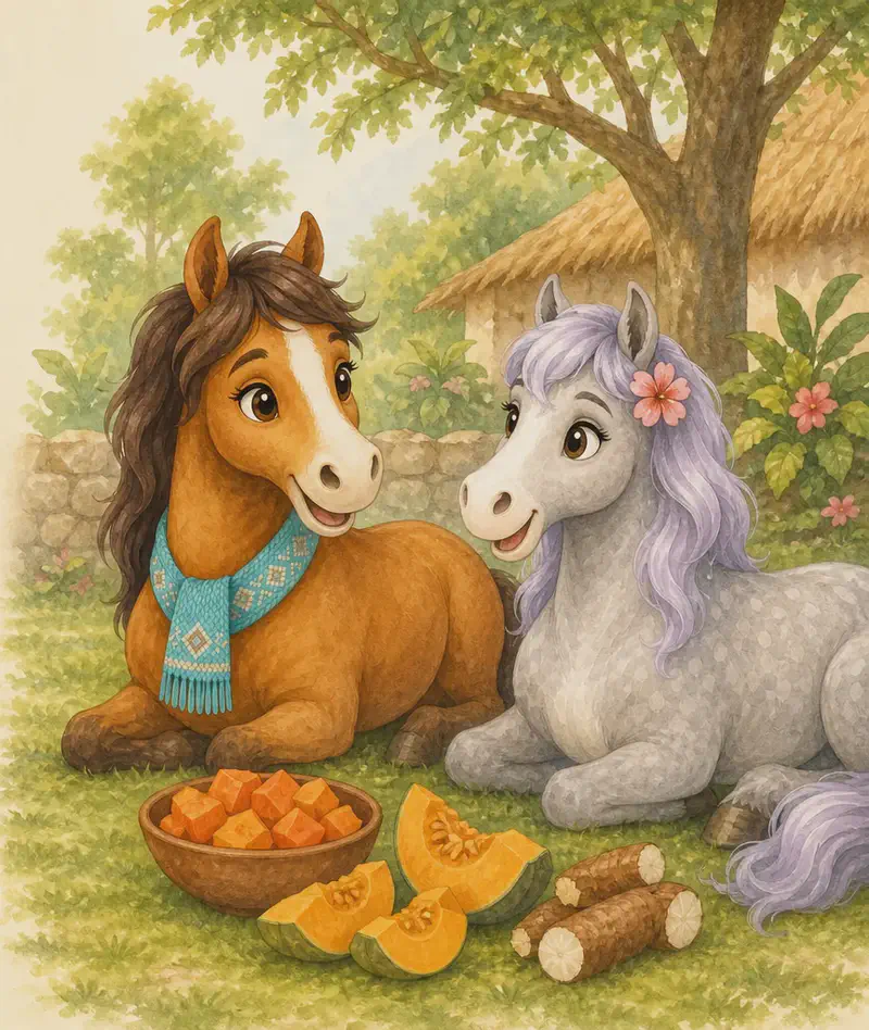 Yayis and Yolanda settle on the ground in a grassy spot with a simple arrangement of chopped papaya (orange), squash (ahuyama) and yuca in front of them. Both look relaxed and warm, chatting as they share breakfast. Mood: cozy, friendly conversation.