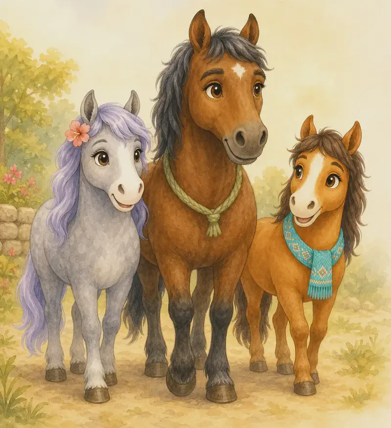 A warm memory image: Yunis, the older male horse, stands in the open countryside with Yayis and Yolanda close beside him (younger and following his lead). The mood is one of guidance and encouragement — Yunis looks calm and wise, Yayis and Yolanda look attentive and proud beside him. Keep the three horses grouped together as a small herd.