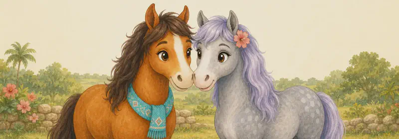 Yayis and Yolanda stand close together in the open countryside, gently touching muzzles or tilting heads toward each other in a clear farewell gesture. Warm, friendly mood — the closing feel-good page of the story.