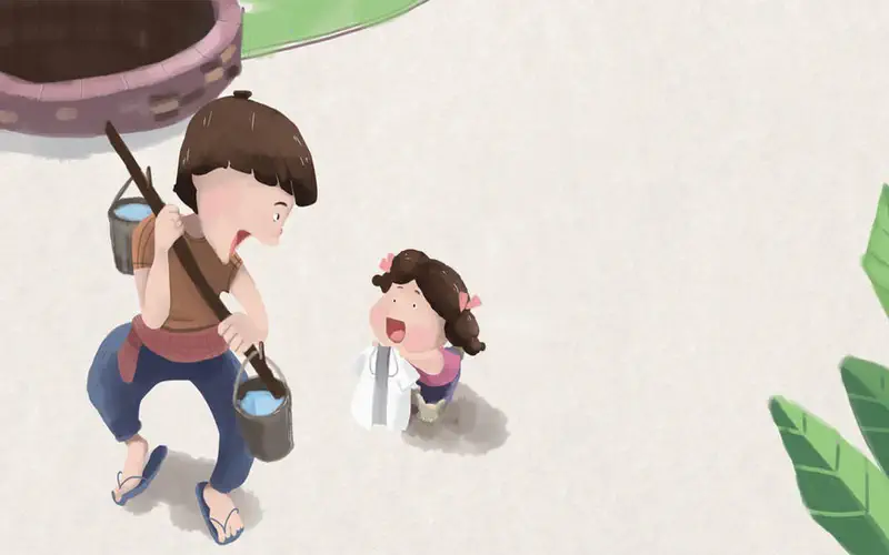 Boy carrying water buckets on shoulder pole looks at excited girl with pink bows in village.