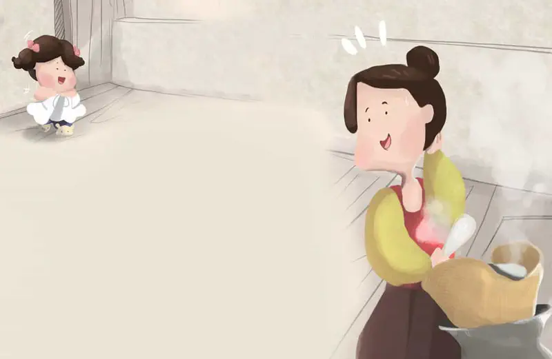 Girl in corner calling to mother who stirs steaming pot in traditional kitchen.