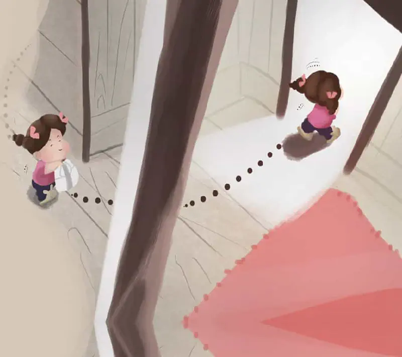 Girl with pink bows walking through house past furniture following dotted path with pink rug.