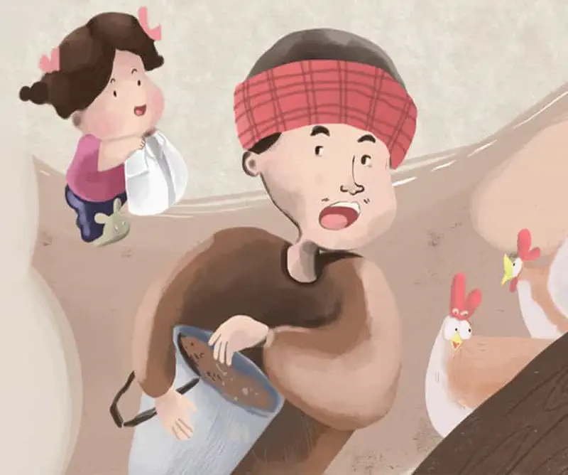 Girl with pink bows talking to father in red headband who feeds chickens from bucket.