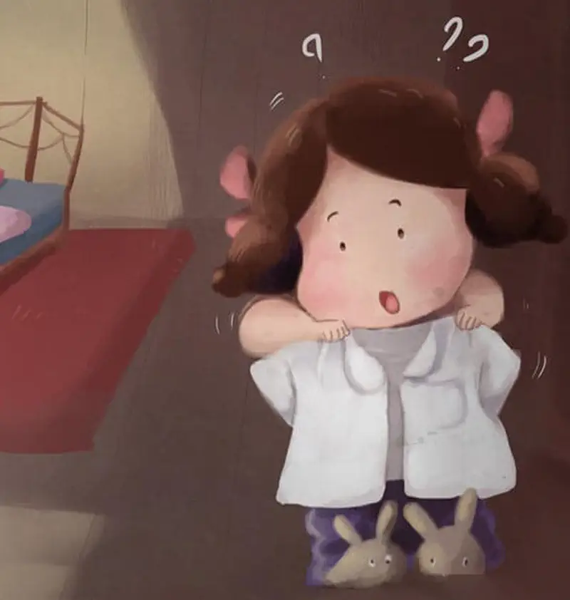 Confused girl with pink bows trying to put on oversized white shirt in bedroom.