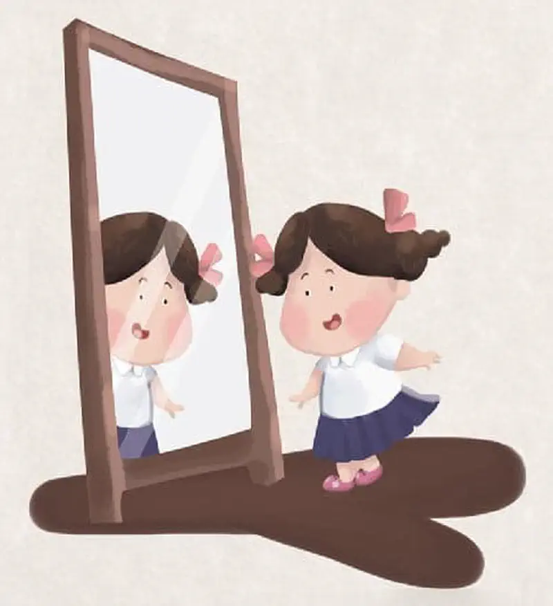 Girl in school uniform with pink bows looking at her reflection in wooden framed mirror.