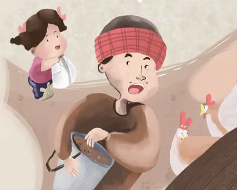 Girl with pink bows watching father in red headband feed chickens from bucket.