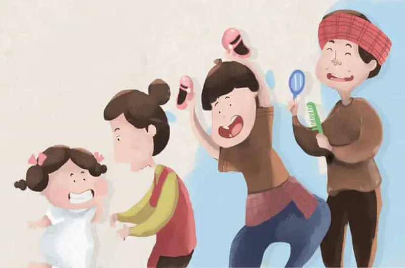 Happy family with grooming items getting ready together, laughing with mirror and brush.