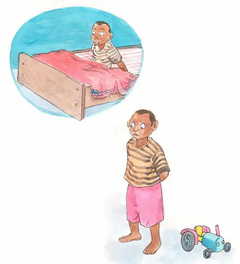 Boy in striped shirt with thought bubble showing himself on bed, toy tractor on floor beside him.