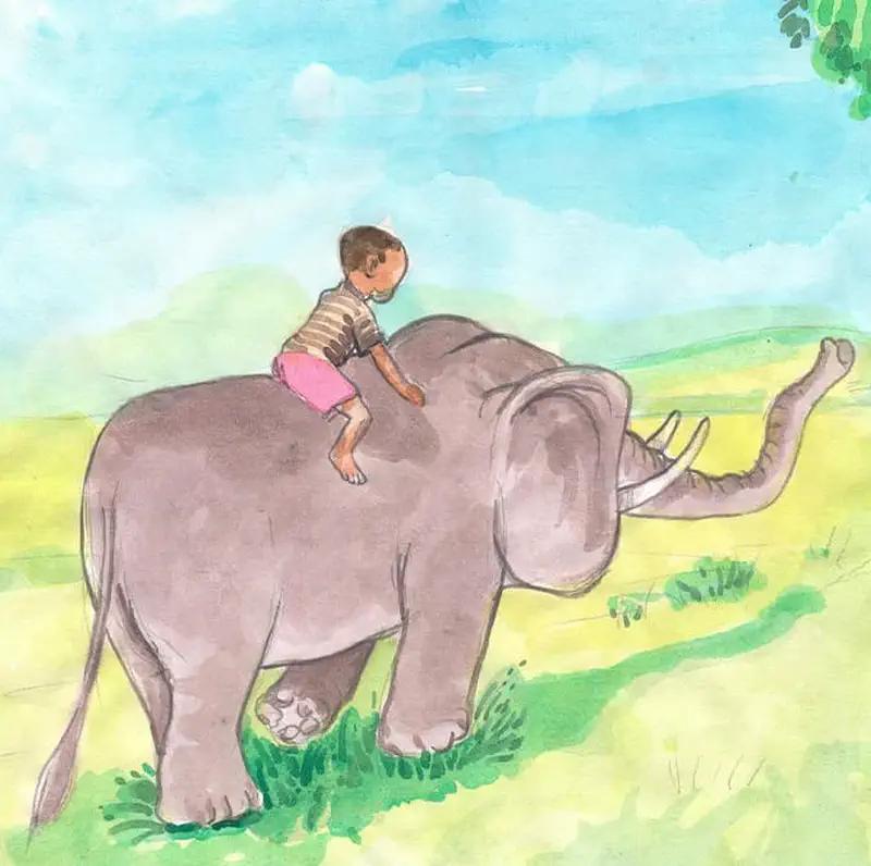 Boy in striped shirt riding on back of walking gray elephant in green savanna landscape.