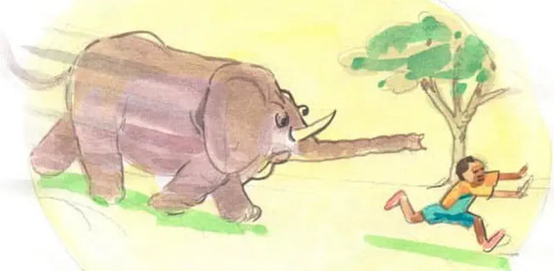 Rhino charging toward boy running away across yellow savanna with tree in background.