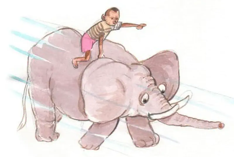 Boy in striped shirt riding fast on elephant pointing forward with motion lines.