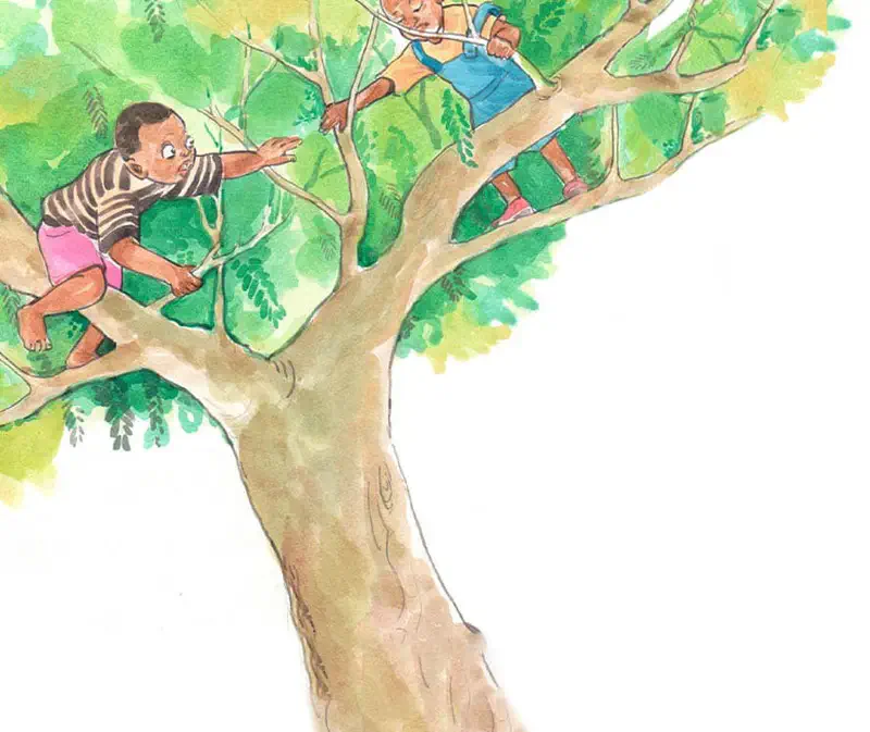 Two boys climbing in large leafy tree, one reaching toward the other on different branches.