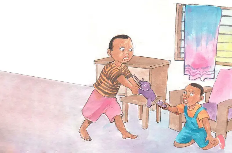 Two angry boys fighting over purple toy hippo in room with colorful curtains by window.