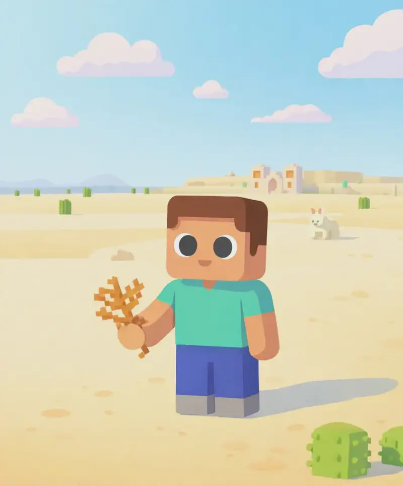 On the right side of the image, a lone, blocky Minecraft-style figure stands motionless in a vast, flat desert landscape under a bright midday sky with pink-tinged clouds. The figure has a neutral expression and is standing perfectly still, holding dried wheat or dead bush in one hand. Scattered cacti and sandy dunes stretch across the background, with a distant desert temple barely visible on the horizon. A small white rabbit is faintly visible in the far background on the right side. The left side is left as open desert sky with a semi-transparent text overlay area.