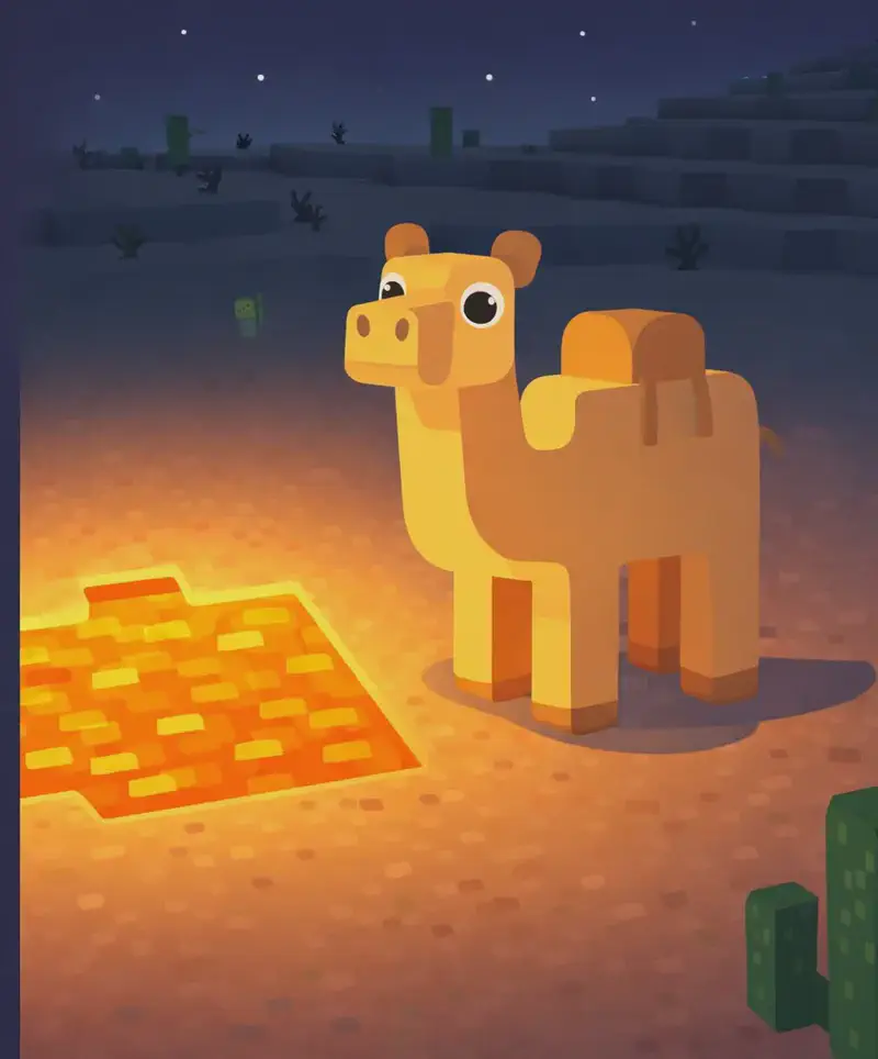 On the right side of the image, a desert landscape at nighttime is illuminated by a pool of glowing orange lava on the sandy ground, casting warm light against the dark blue night sky. A tall, blocky Minecraft-style camel stands close to the lava pool, its large frame silhouetted against the glow. The background shows a flat desert terrain with scattered cacti and distant sandy hills under a dusky sky. A green Minecraft creeper lurks faintly in the far background. The left side is a plain dark-toned text overlay area.