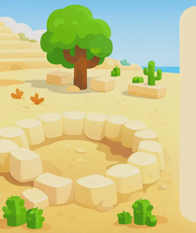 On the left side of the image, a sandy desert landscape reveals a shallow pit surrounded by pale stone blocks, with a tall tree providing cool shade and scattered desert vegetation visible in the background under a clear blue sky. The scene highlights the hidden, surprising features of the desert — grand stone formations, greenery, and shelter amid the sand. The right side of the image is a plain sandy-toned background reserved for text overlay. No characters are visible in the scene.
