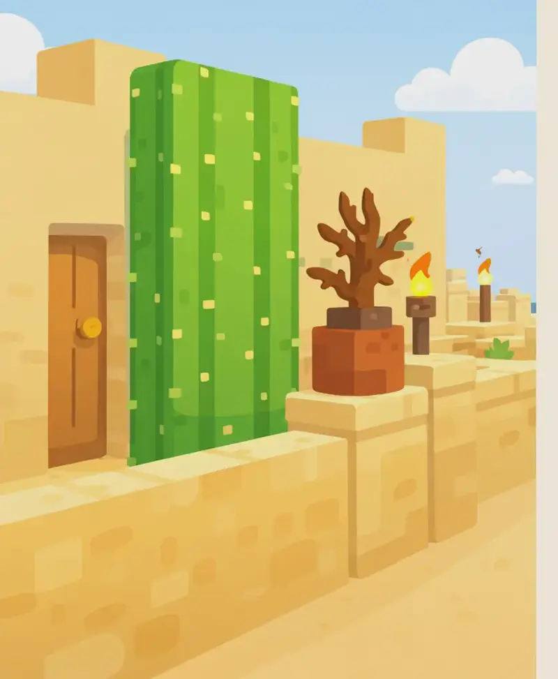 On the left side of the image, a Minecraft-style desert village scene shows sandy-colored block buildings with a wooden door, tall green cacti growing beside the structures, and glowing torches mounted on the walls. A small brown decorative pot or structure sits atop a low sandstone wall. The scene is set outdoors during daytime under a partly cloudy blue sky, with additional village buildings visible fading into the distance. The right side is left as open, pale background space for text overlay. No characters are visible in the image.