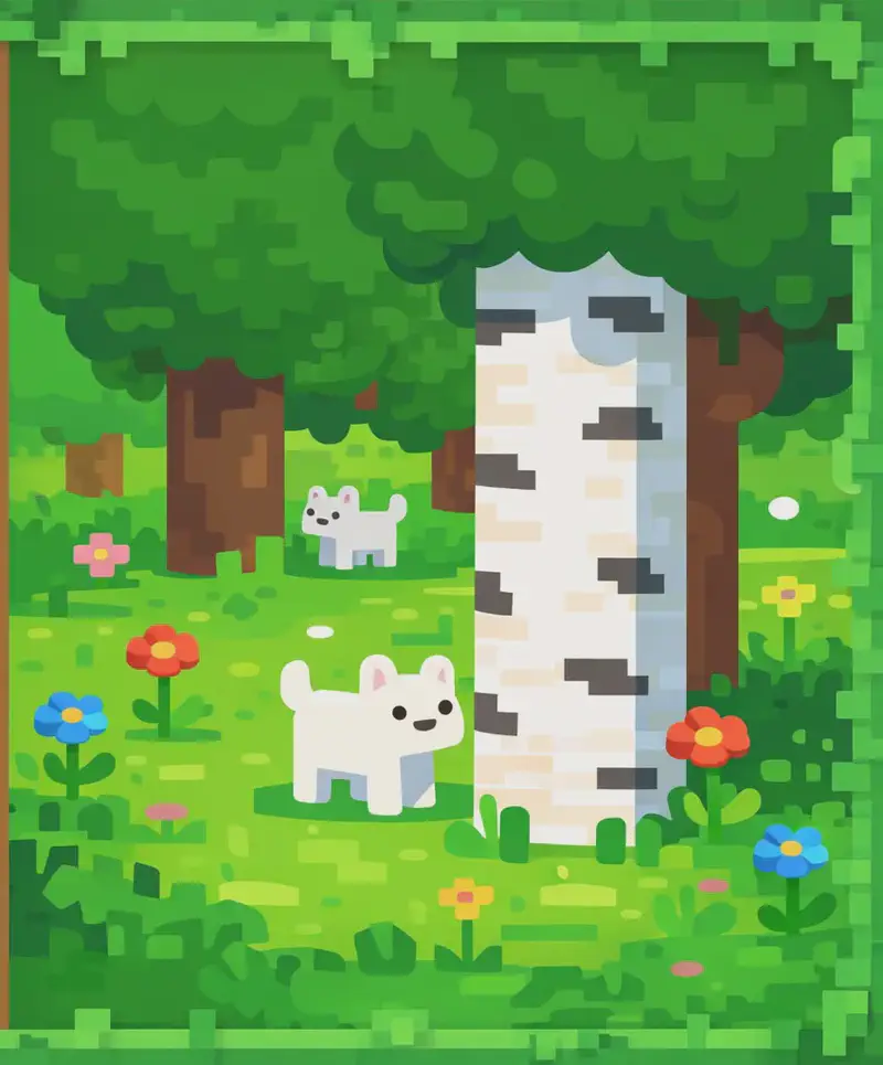 An outdoor forest scene rendered in a Minecraft-style blocky aesthetic. On the right side of the image, a prominent white birch tree trunk with dark markings stands in the foreground, flanked by a large dark-green oak tree to its right and another oak visible in the background. Colourful flowers dot the ground among green grass and tall grass tufts. Two small white animals roam freely on the grass — one near the base of the birch tree and one further back near the oak tree. The left side is a plain brown/tan background area suitable for text overlay, framed by a green leafy border around the entire image.