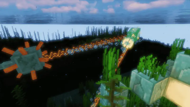 Minecraft guardian mob shooting laser beam underwater near kelp forest with bubbles rising.