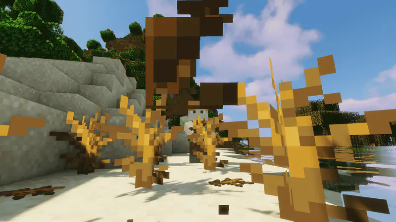 Minecraft player character standing on beach surrounded by dead coral and kelp items.