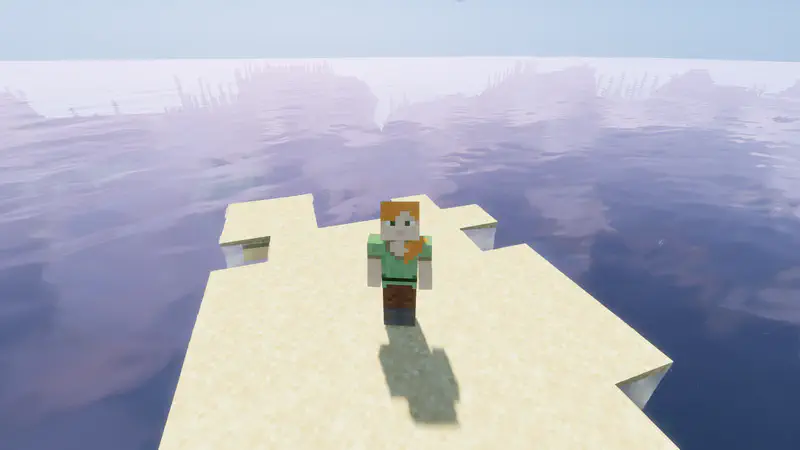 Minecraft Alex character standing alone on small sandy island in middle of calm ocean.