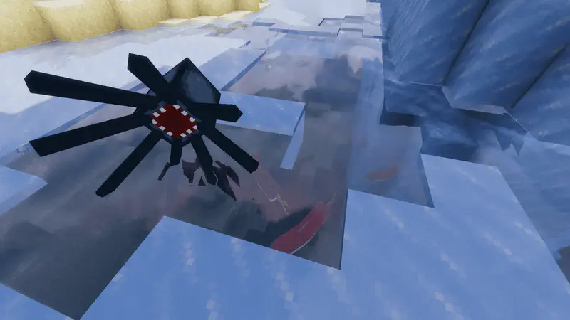Minecraft elder guardian mob with spiky body floating in frozen ocean among ice blocks.