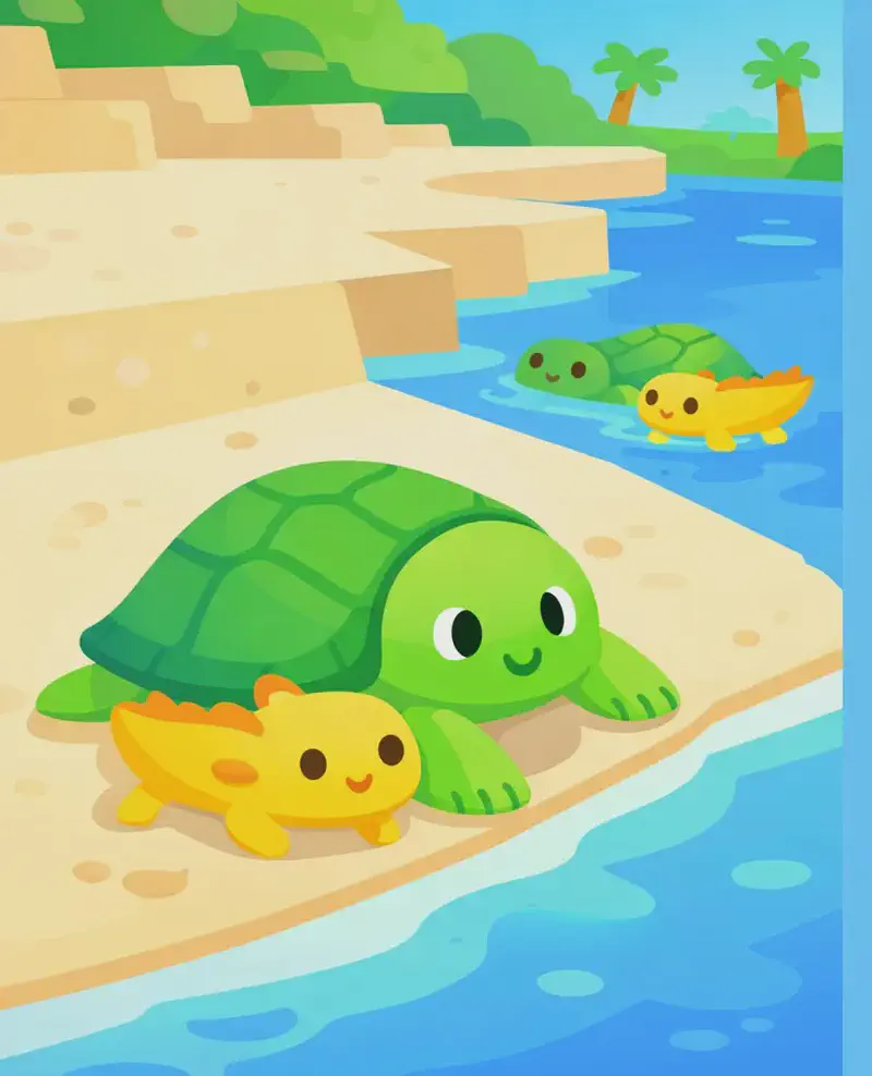 On the left side of the image, a green Minecraft-style turtle crawls out of the water onto a sandy beach, with a small yellow axolotl beside it on the sand. Both creatures appear calm and relaxed as they rest at the water's edge on the warm sand. In the background on the right, partially submerged in blue water, another turtle and axolotl can be seen swimming. The scene is set outdoors on a bright, sunny day along a sandy shoreline with stone and greenery in the background.