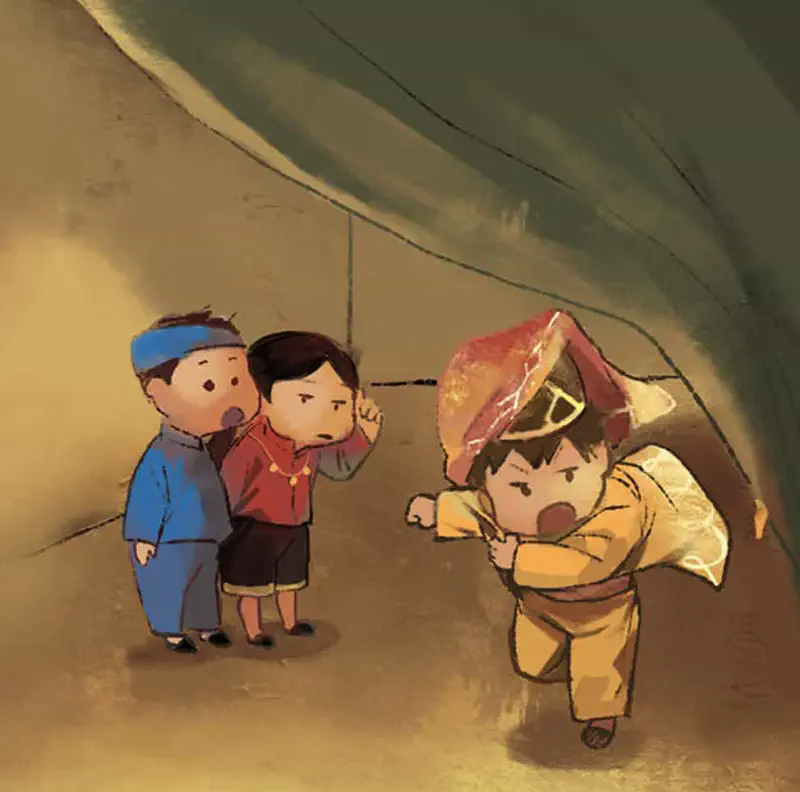 Boy in traditional hat running angrily toward two other boys in blue and red clothing under tent.