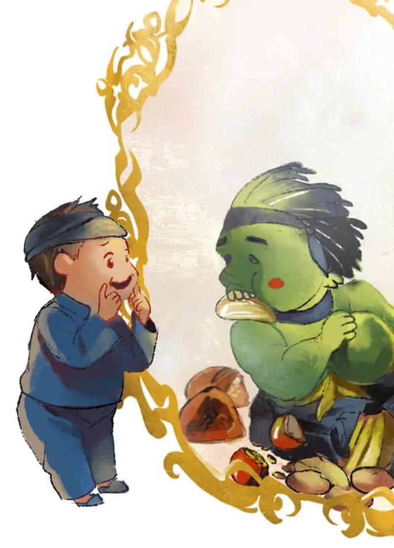 Boy in blue outfit smiling at green ogre eating fruit surrounded by food in golden frame.