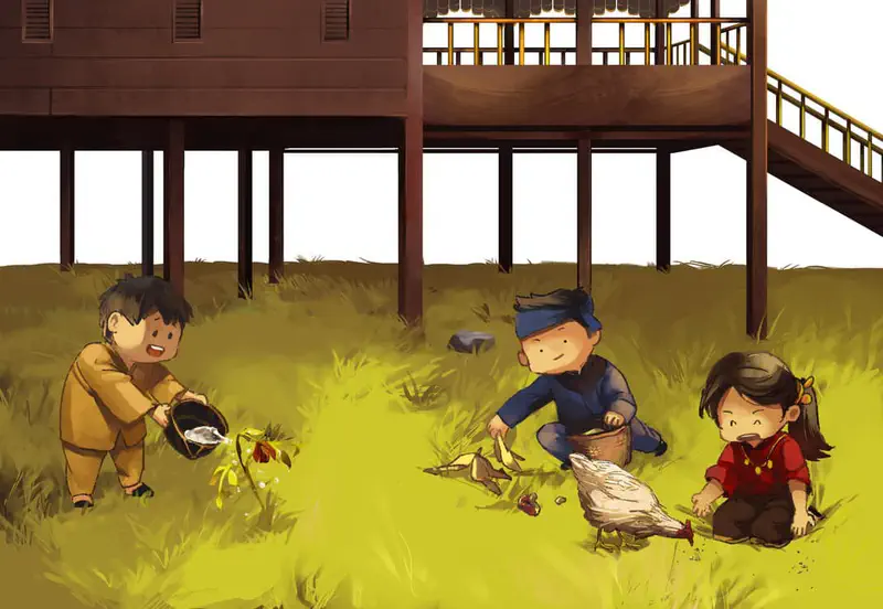 Three children doing chores under stilt house, watering plants and feeding chicken in grass.