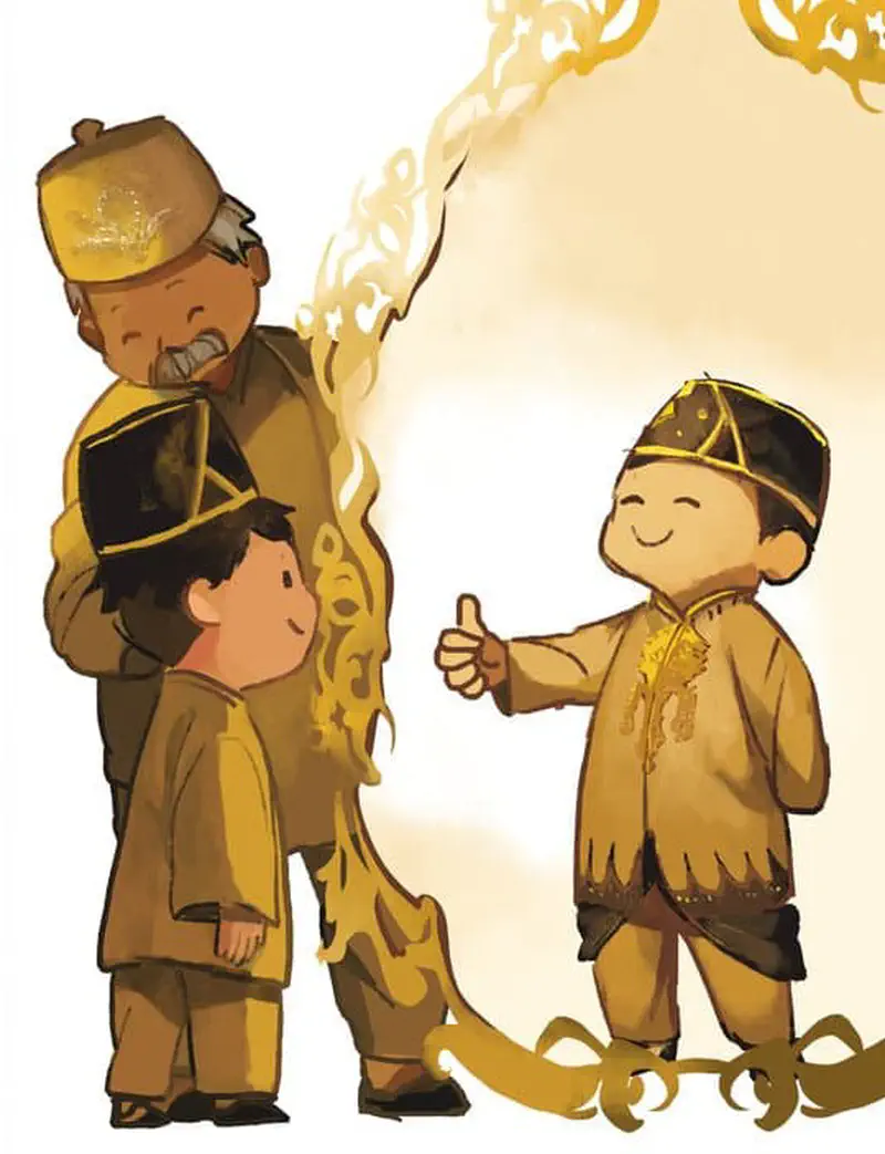 Elder in golden hat with two boys in traditional clothing, one giving thumbs up, golden decorative frame.