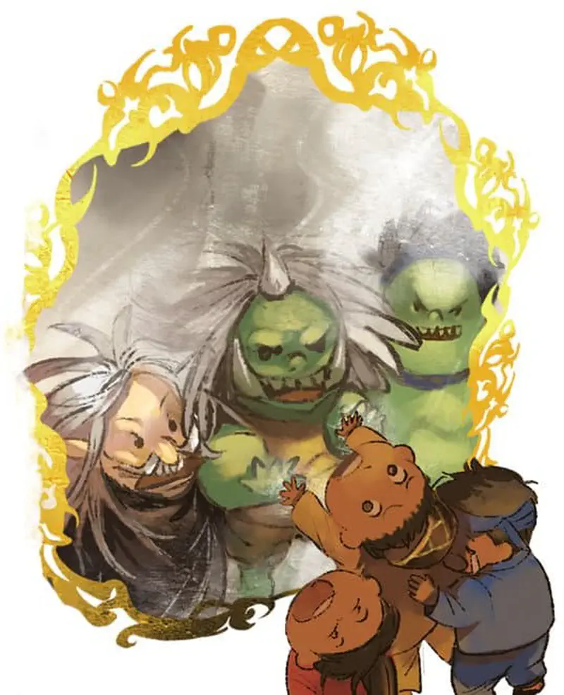 Two boys hugging in front of golden mirror showing ogres and hairy beast inside frame.