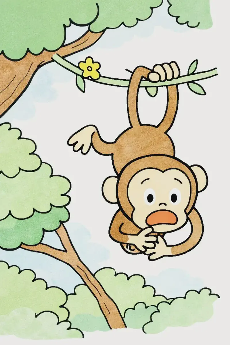 On the left side of the image, Monkey hangs upside down from a vine among the branches of a large tree, gripping the vine with one hand and a branch with his feet, his face visible and turned toward the viewer. His expression is worried and anxious, with wide eyes and a frowning, open mouth showing distress, and one hand clutches his clenched tummy. The outdoor scene is set in a lush tree canopy with green leafy foliage, small yellow flowers on the vine, and a soft blue sky visible through the leaves. The right side of the image is plain white background, clear for text overlay.