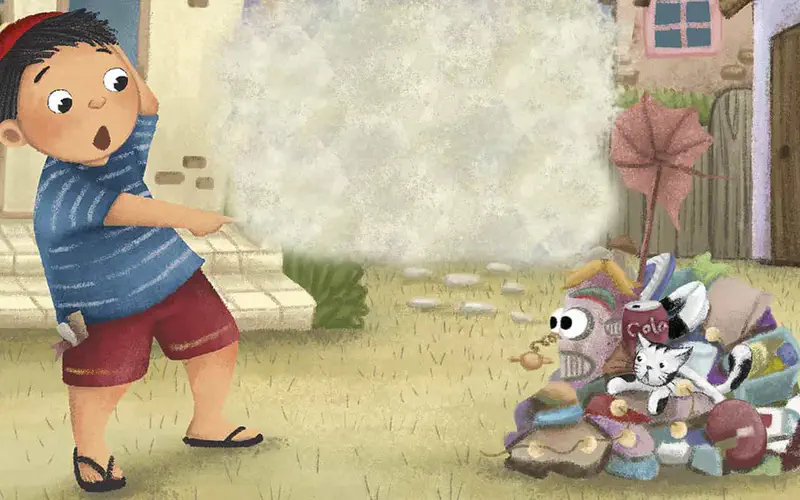 Boy pointing at pink trash monster creature with cat sitting in junk pile near house.