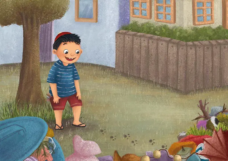 Smiling boy in striped shirt standing in yard near house with junk piles visible.