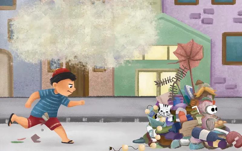 Angry boy running toward junk pile with cat and pink monster in city street.