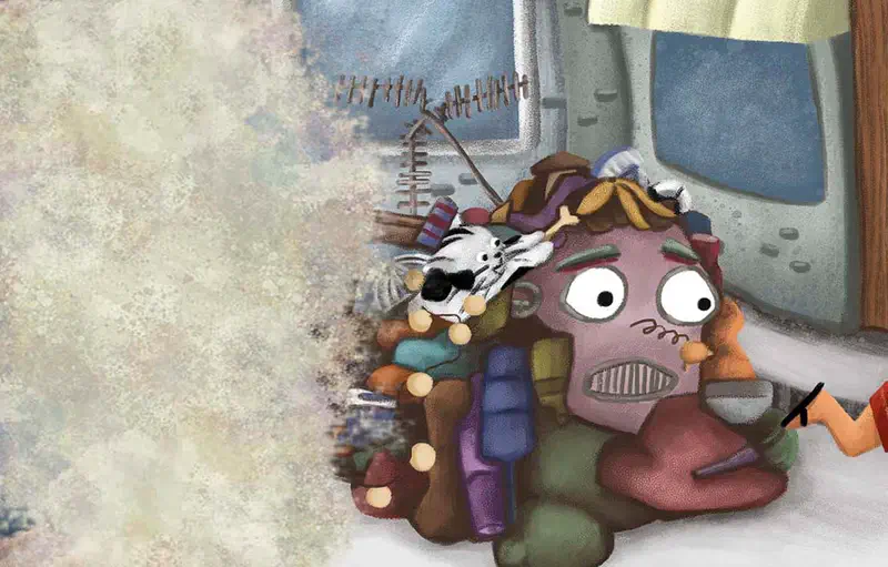 Worried pink trash monster with sleeping cat on top sitting among colorful junk pile.