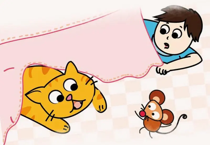 Orange cat and boy peeking under pink blanket at small brown mouse on checkered floor.