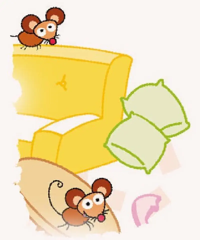 Two brown mice playing on yellow armchair with green pillows in living room.