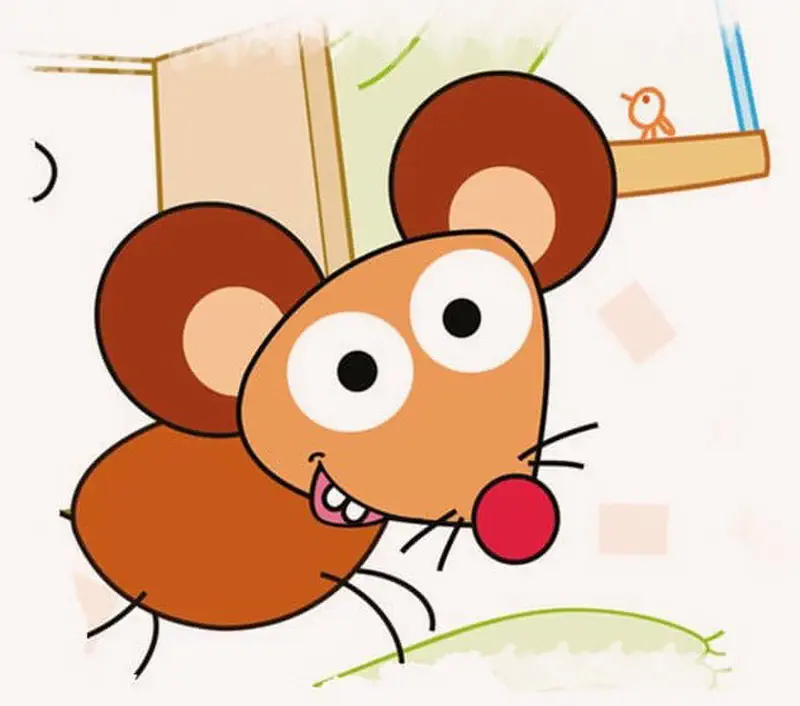 Close-up of happy brown mouse with big ears and red nose near bird on shelf.