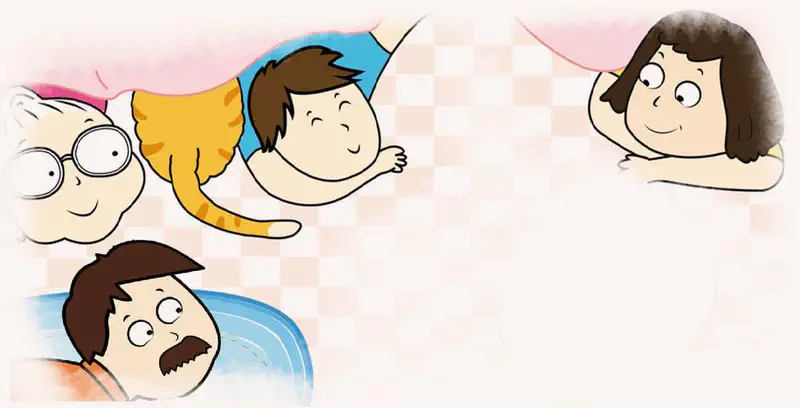 Family peeking under pink blanket at floor - grandmother, father, mother, boy, and orange cat.