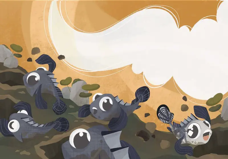 Happy mudskipper fish family swimming in flowing green water stream with swirling patterns.